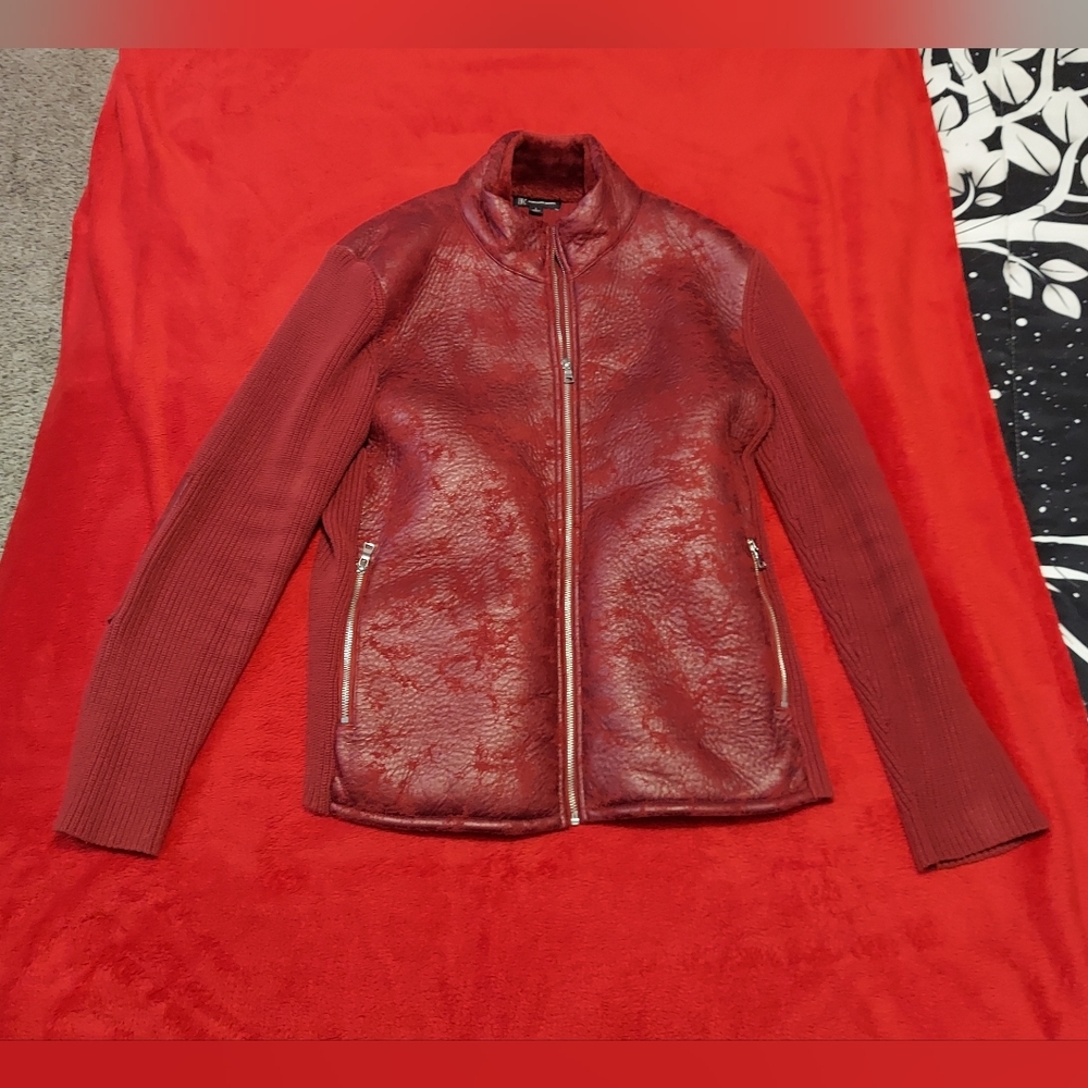 INC International Concepts Red Faux Leather Sweater Jacket